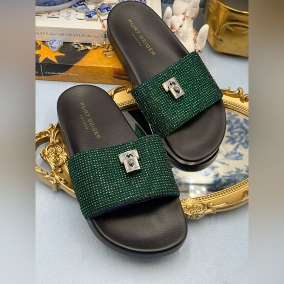 🆕 KURT GEIGER LONDON 🧿 NWOB Brixton Poolslide, Blue Green Crystals - Sz 37 US7 - Picture 7 of 15